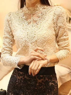 Beaded Lace Stand-Up Collar Top