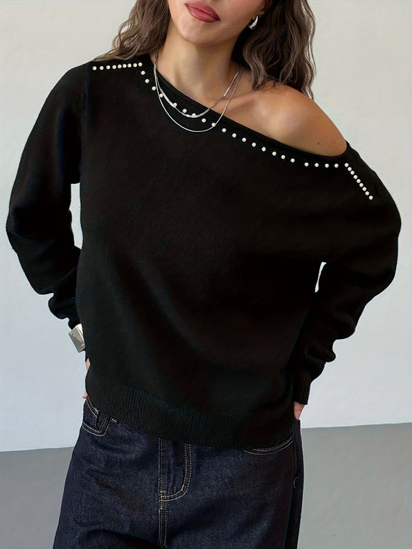 Black Off-Shoulder Knit Long Sleeve Sweater