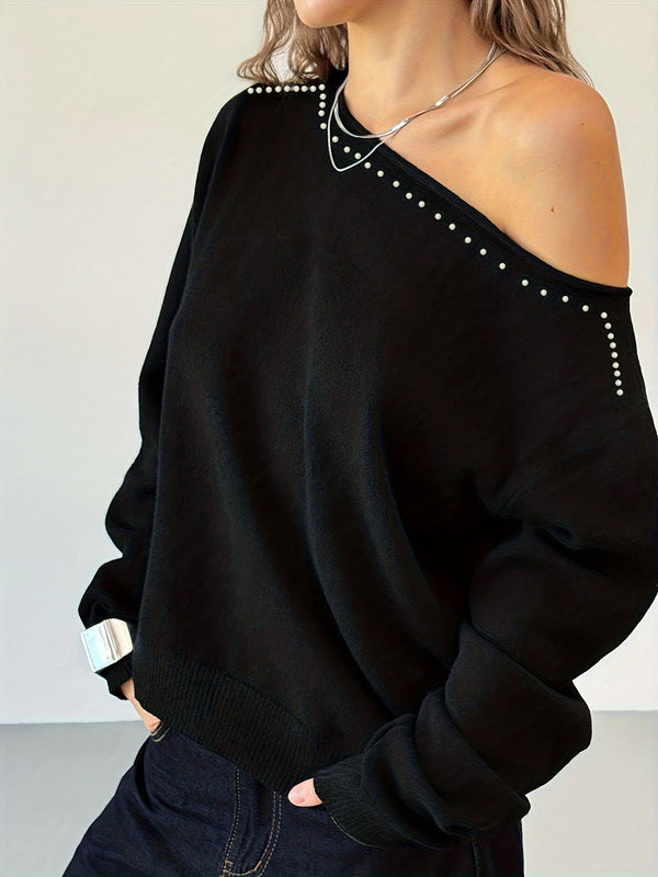 Black Off-Shoulder Knit Long Sleeve Sweater
