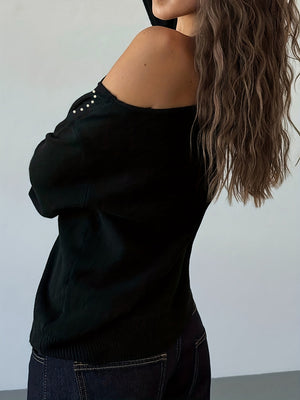 Black Off-Shoulder Knit Long Sleeve Sweater