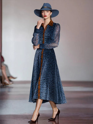 Blue Leopard Print Long Sleeve Midi Dress