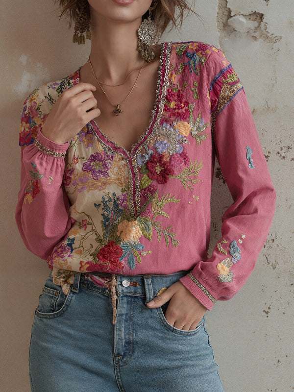 Bohemian Print Relaxed V-Neck Top