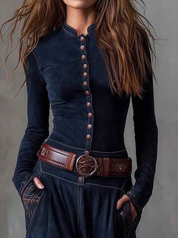 Button-Front Suede Patchwork Maxi Dress