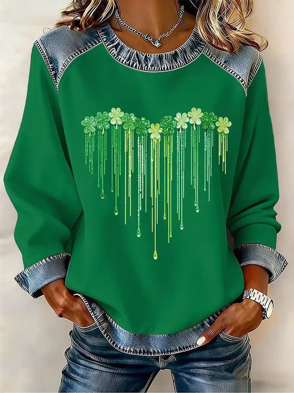 Casual Clover Denim Patchwork Sweatshirt