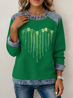 Casual Clover Denim Patchwork Sweatshirt