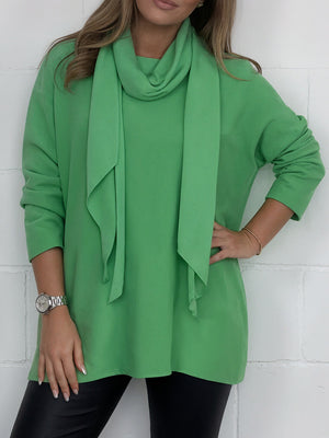 Casual Solid-Color Long-Sleeve & Scarf Top