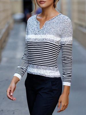 Chic Striped Notched Neck Long Sleeve Top