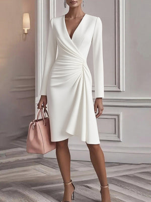 Chic V-Neck Waist-Defined Long-Sleeve Dress