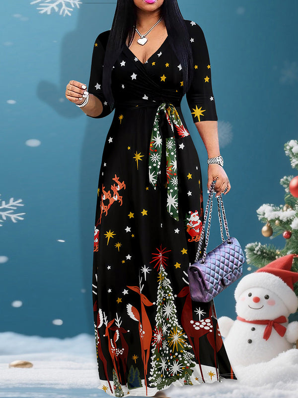 Christmas V-Neck Long-Sleeve Dress