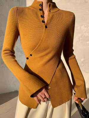 Classic Button-Front Stand Neck Sweater