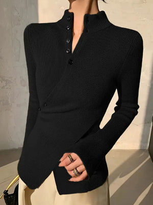 Classic Button-Front Stand Neck Sweater