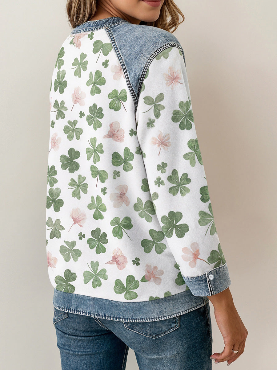 Classic Clover Denim Patchwork Sweatshirt