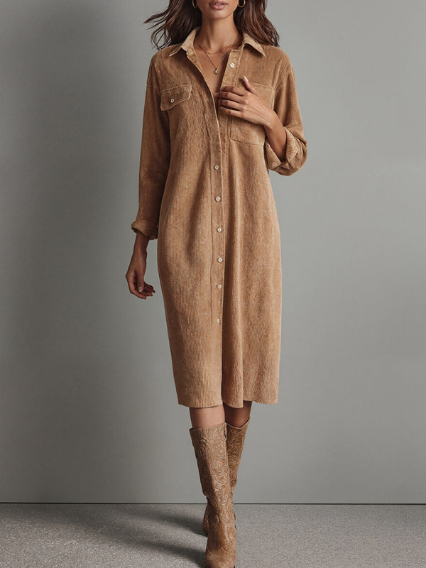 Classic Corduroy Button-Up Midi Dress