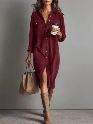 Classic Corduroy Button-Up Midi Dress
