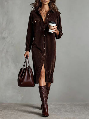 Classic Corduroy Button-Up Midi Dress