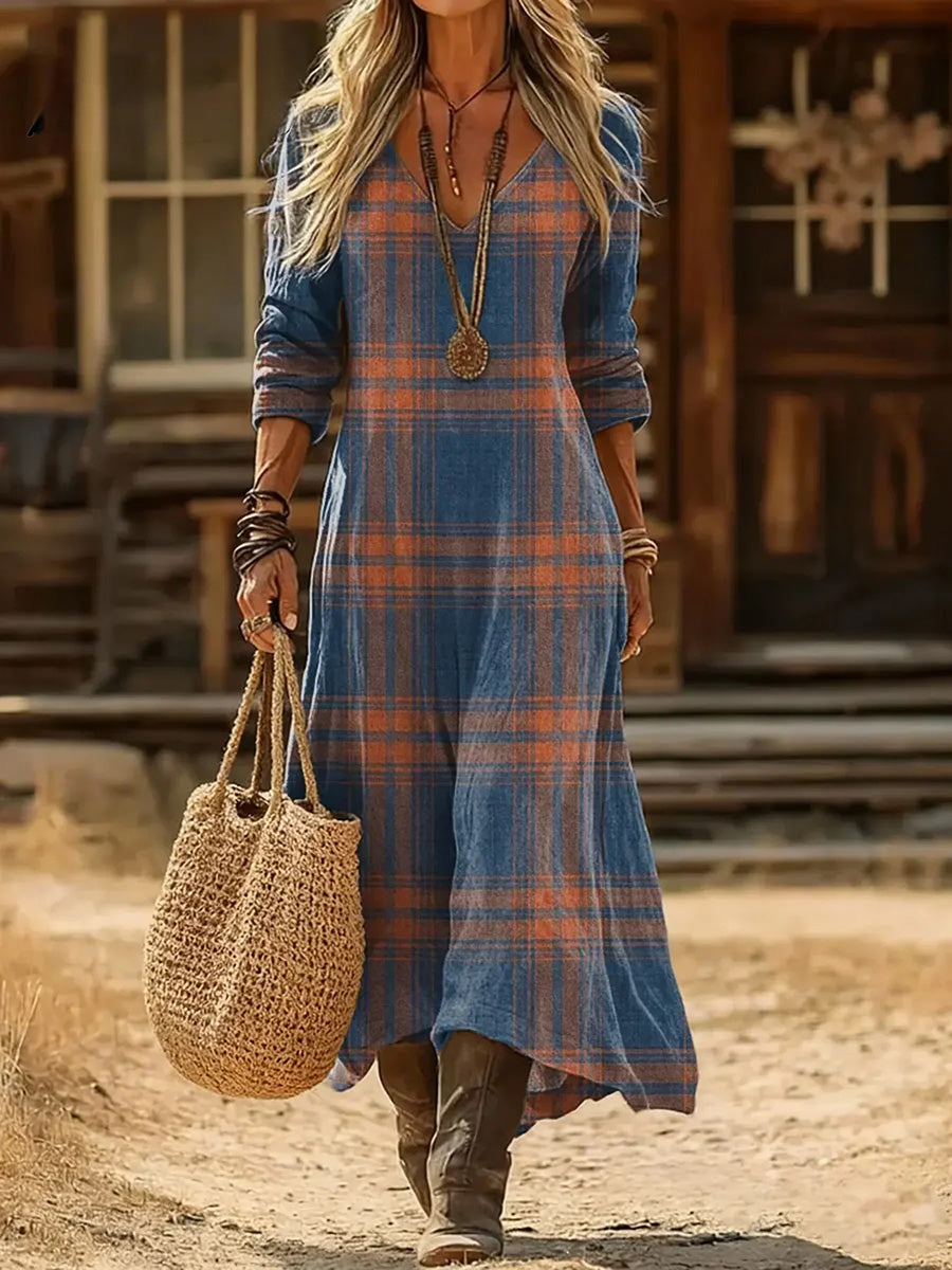 Classic Plaid Print Long-Sleeve Dress
