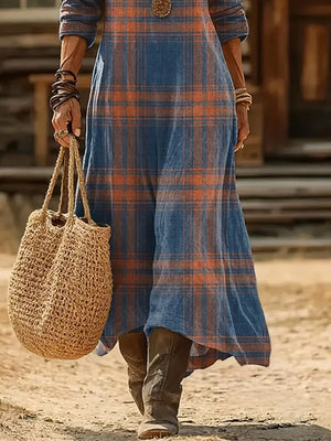 Classic Plaid Print Long-Sleeve Dress