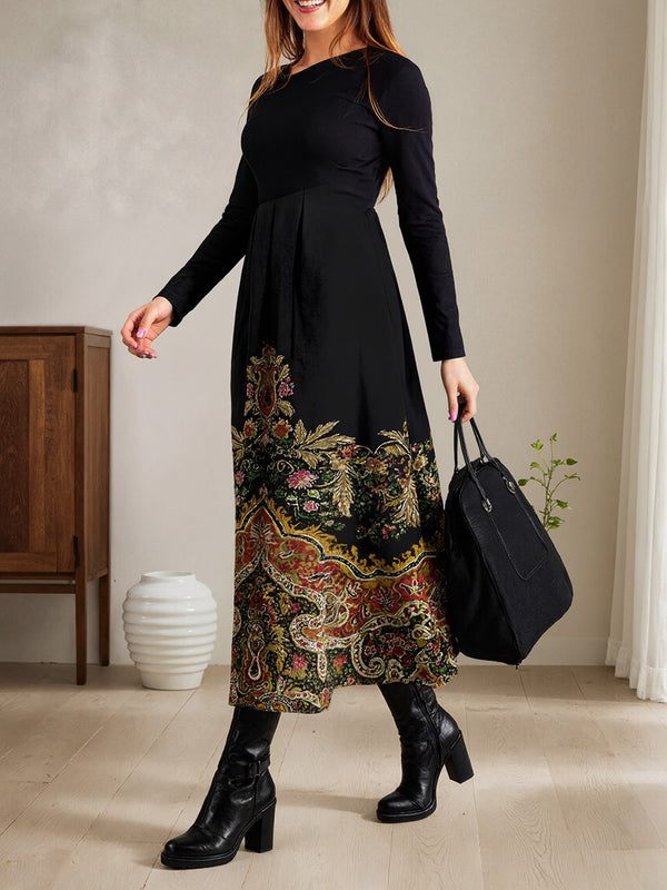 Classic Vintage-Pattern Slim Long Dress