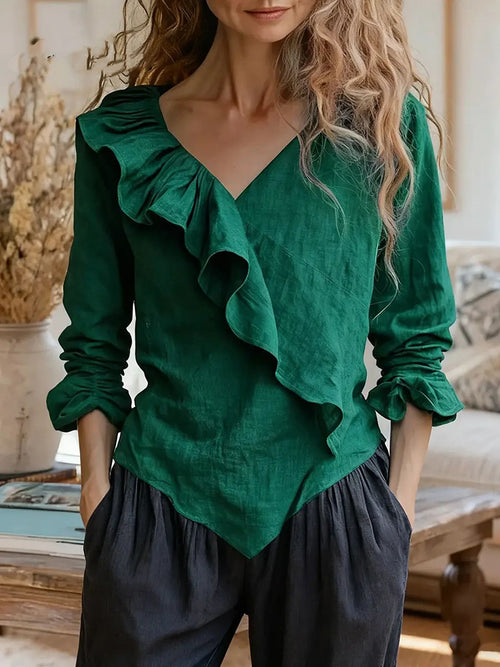 Cotton Linen V-Neck Ruffle Long Sleeve Top