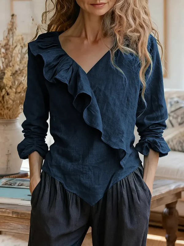 Cotton Linen V-Neck Ruffle Long Sleeve Top