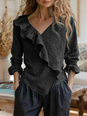 Cotton Linen V-Neck Ruffle Long Sleeve Top