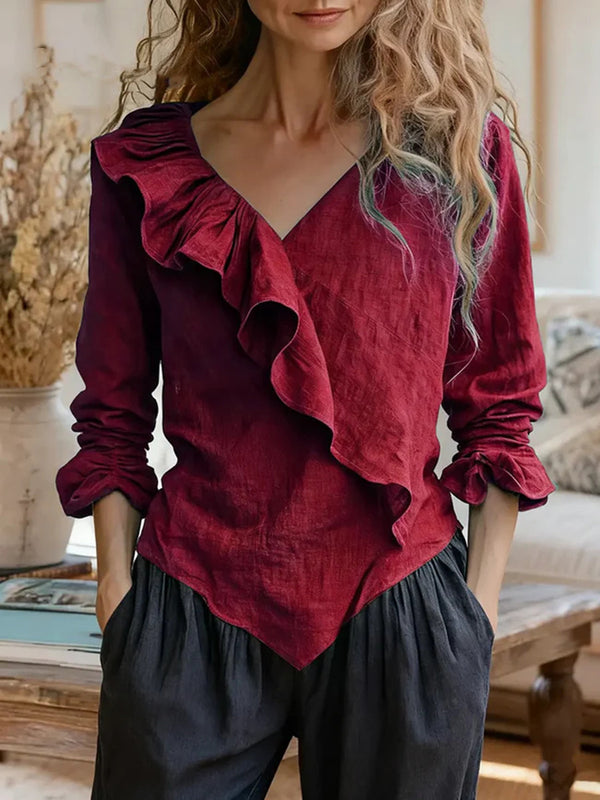Cotton Linen V-Neck Ruffle Long Sleeve Top