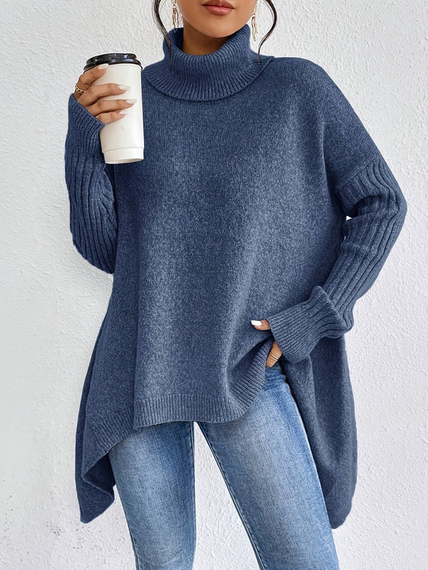 Cozy Drop-Shoulder High-Neck Chunky Knit Sweater