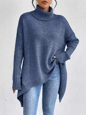 Cozy Drop-Shoulder High-Neck Chunky Knit Sweater
