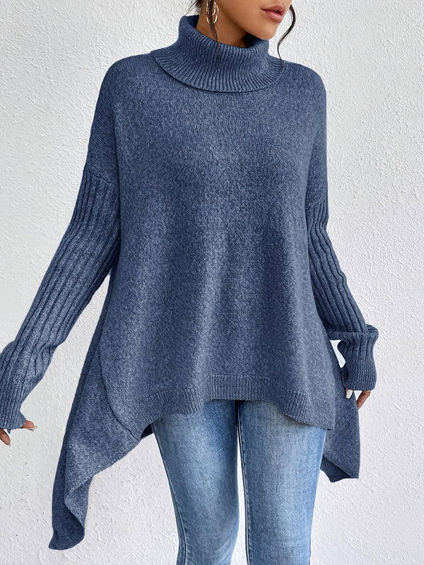 Cozy Drop-Shoulder High-Neck Chunky Knit Sweater