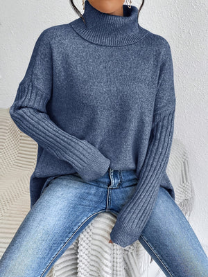 Cozy Drop-Shoulder High-Neck Chunky Knit Sweater