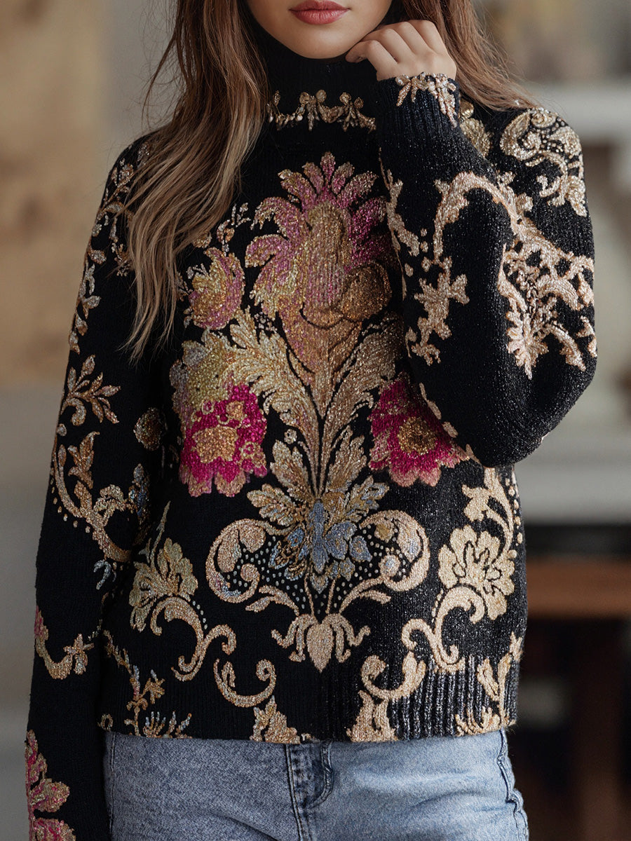 Cozy Floral Pattern High-Collar Pullover