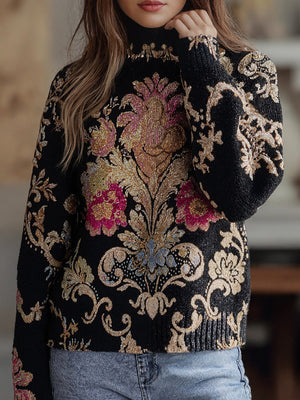 Cozy Floral Pattern High-Collar Pullover