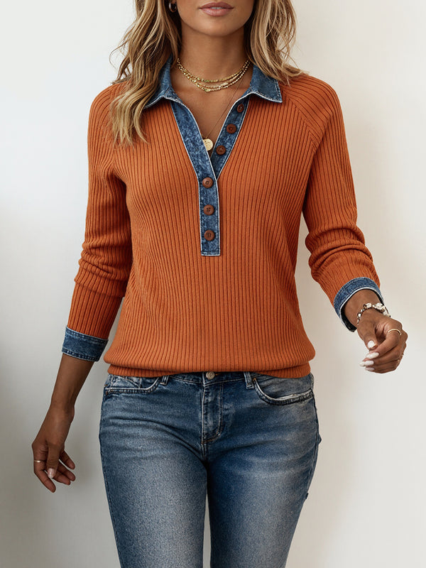 Denim Collar Button-Front Long-Sleeve Top