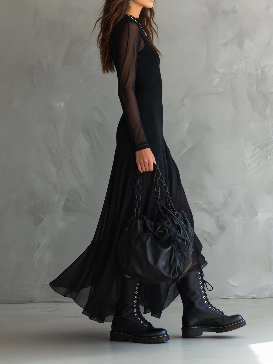 Elegant Black Mesh Panel Maxi Dress