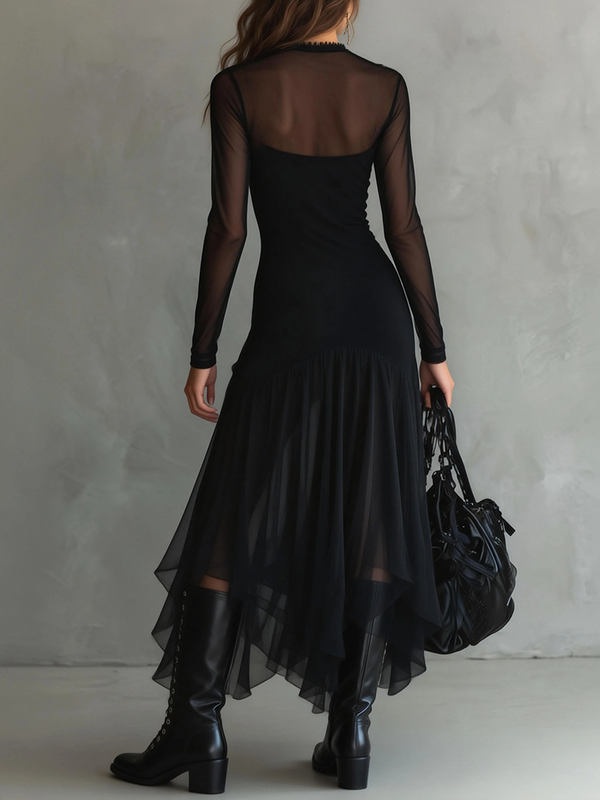Elegant Black Mesh Panel Maxi Dress