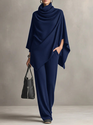 Elegant Cape-Style Top & Wide-Leg Pants Two-Piece Set