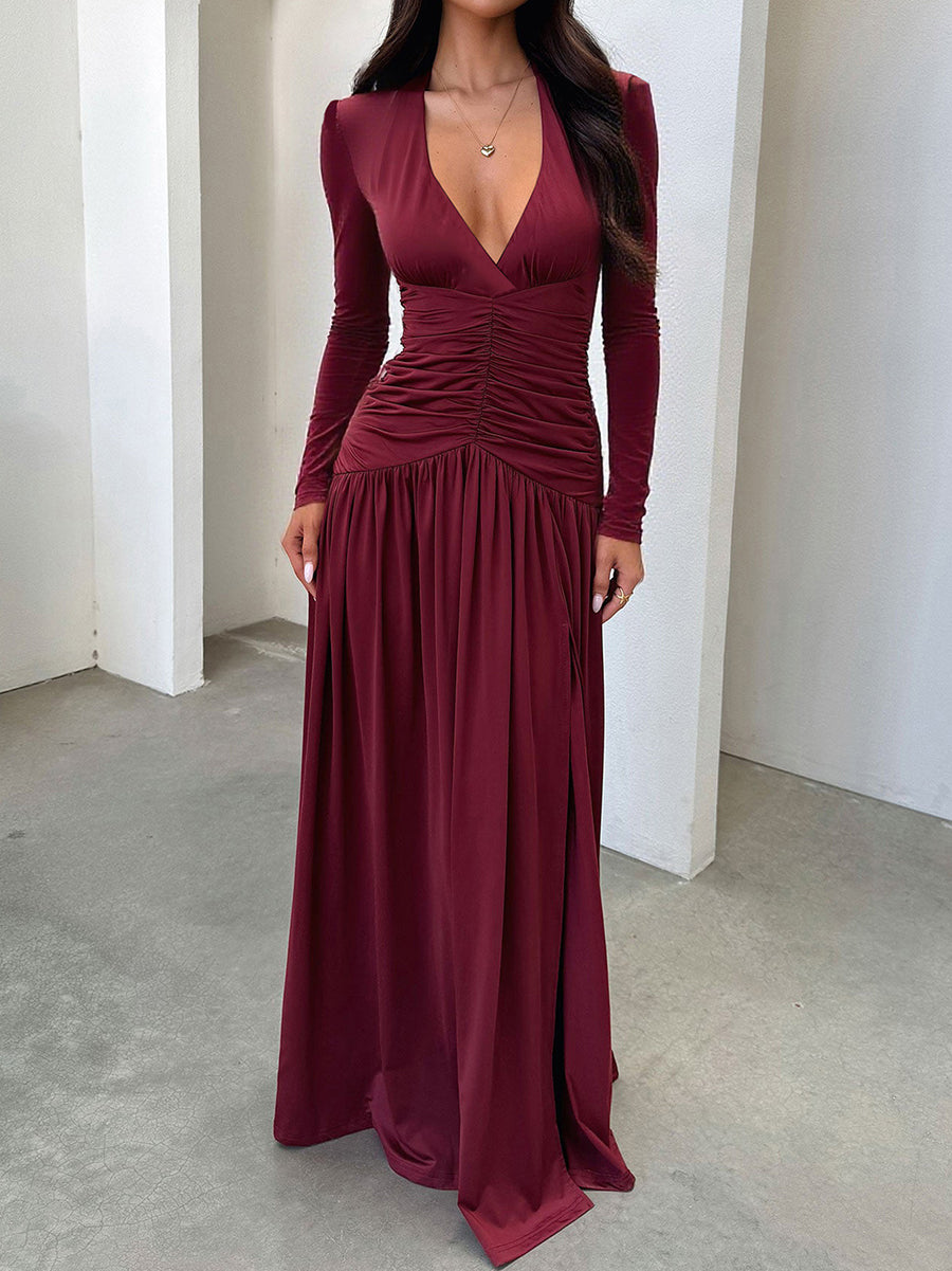 Elegant Deep V-Neck Long-Sleeve Dress