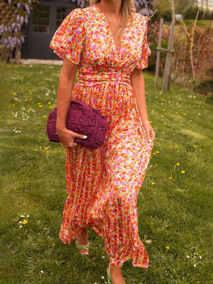 Elegant Floral-Print Cinched-Waist V-Neck Dress
