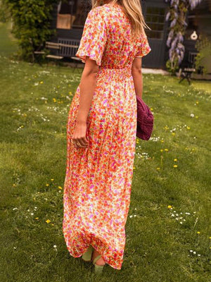 Elegant Floral-Print Cinched-Waist V-Neck Dress