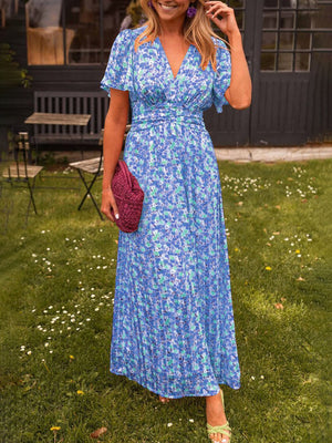Elegant Floral-Print Cinched-Waist V-Neck Dress