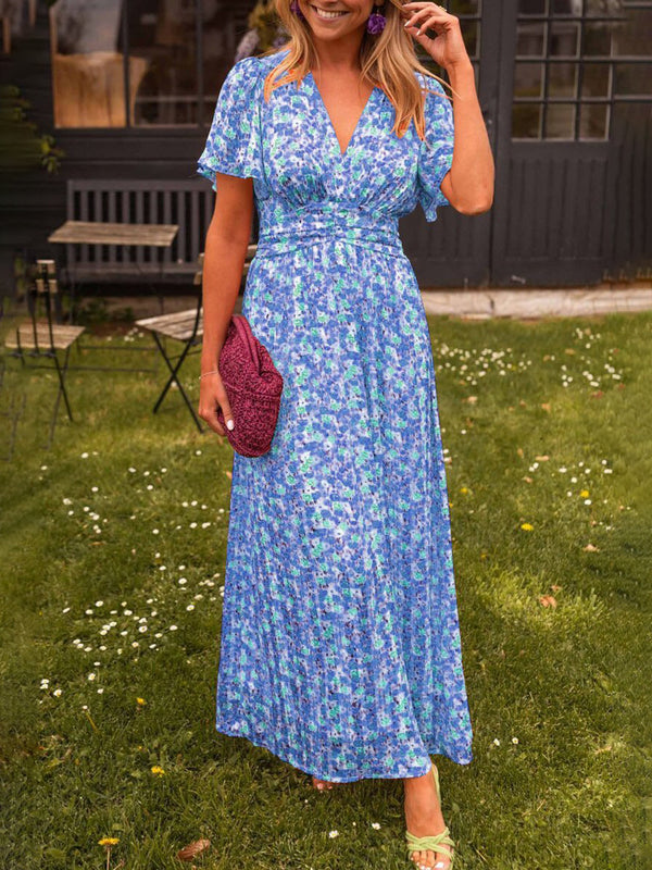 Elegant Floral-Print Cinched-Waist V-Neck Dress