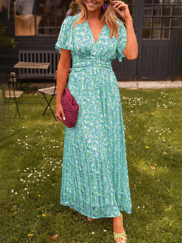 Elegant Floral-Print Cinched-Waist V-Neck Dress