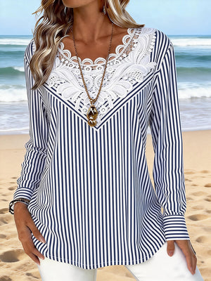 Elegant Lace Collar Striped Print Top