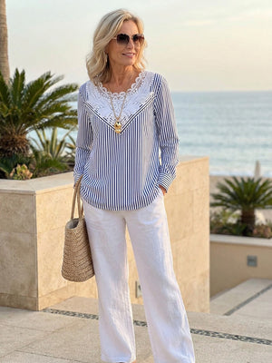Elegant Lace Collar Striped Print Top
