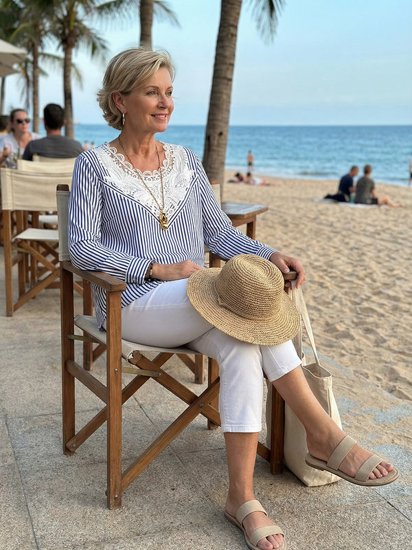 Elegant Lace Collar Striped Print Top