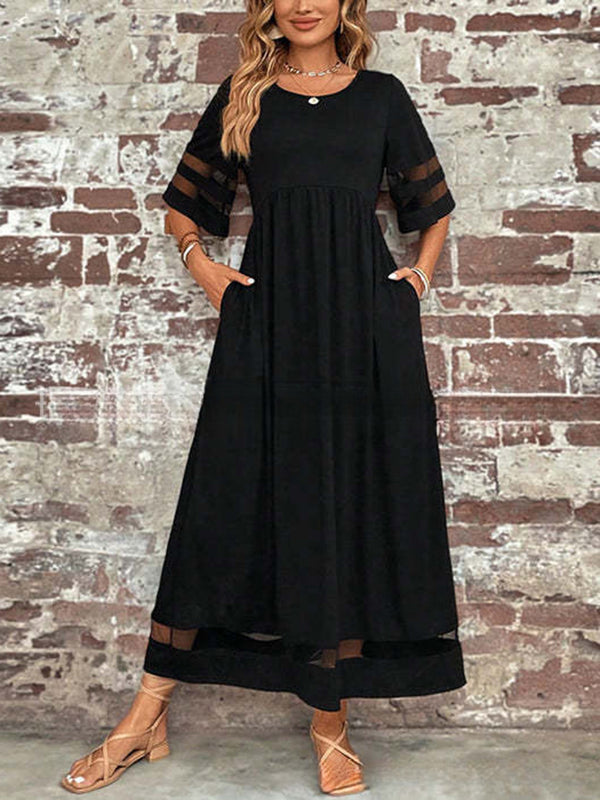 Elegant Mesh-Trim Pocket Maxi Dress