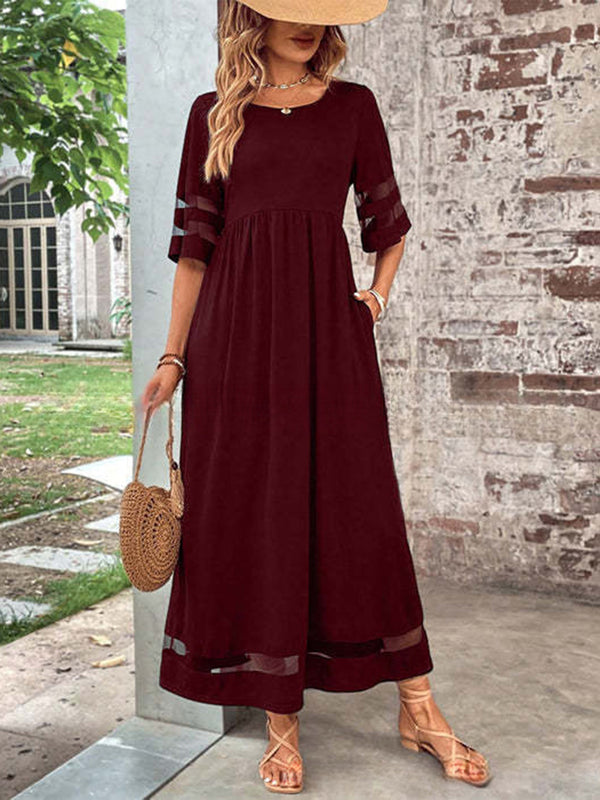 Elegant Mesh-Trim Pocket Maxi Dress