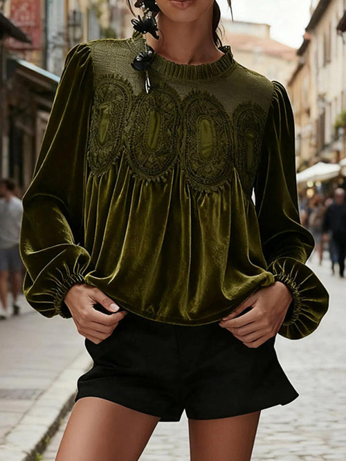 Elegant Patchwork Velvet & Lace Top