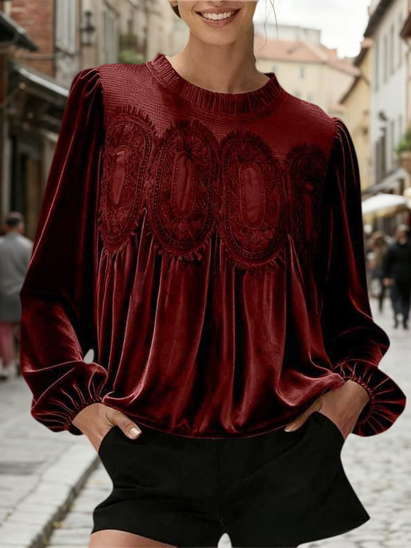 Elegant Patchwork Velvet & Lace Top