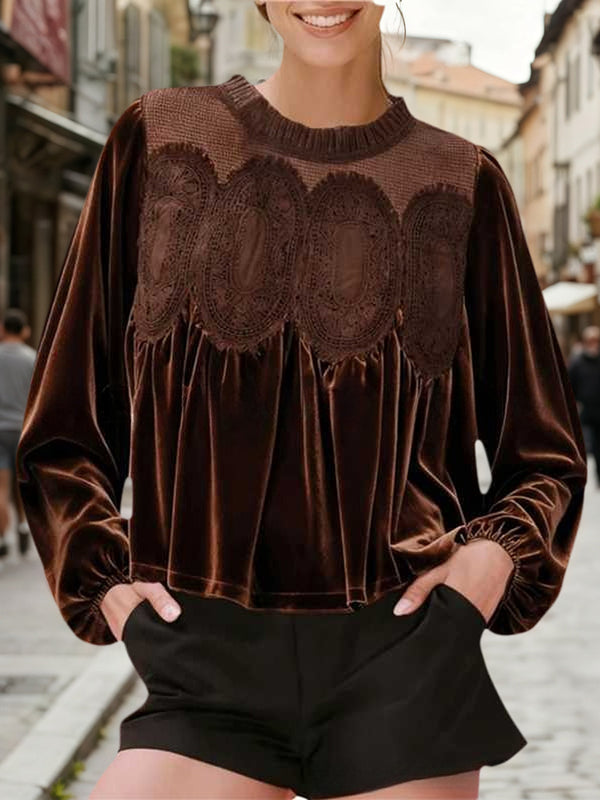 Elegant Patchwork Velvet & Lace Top